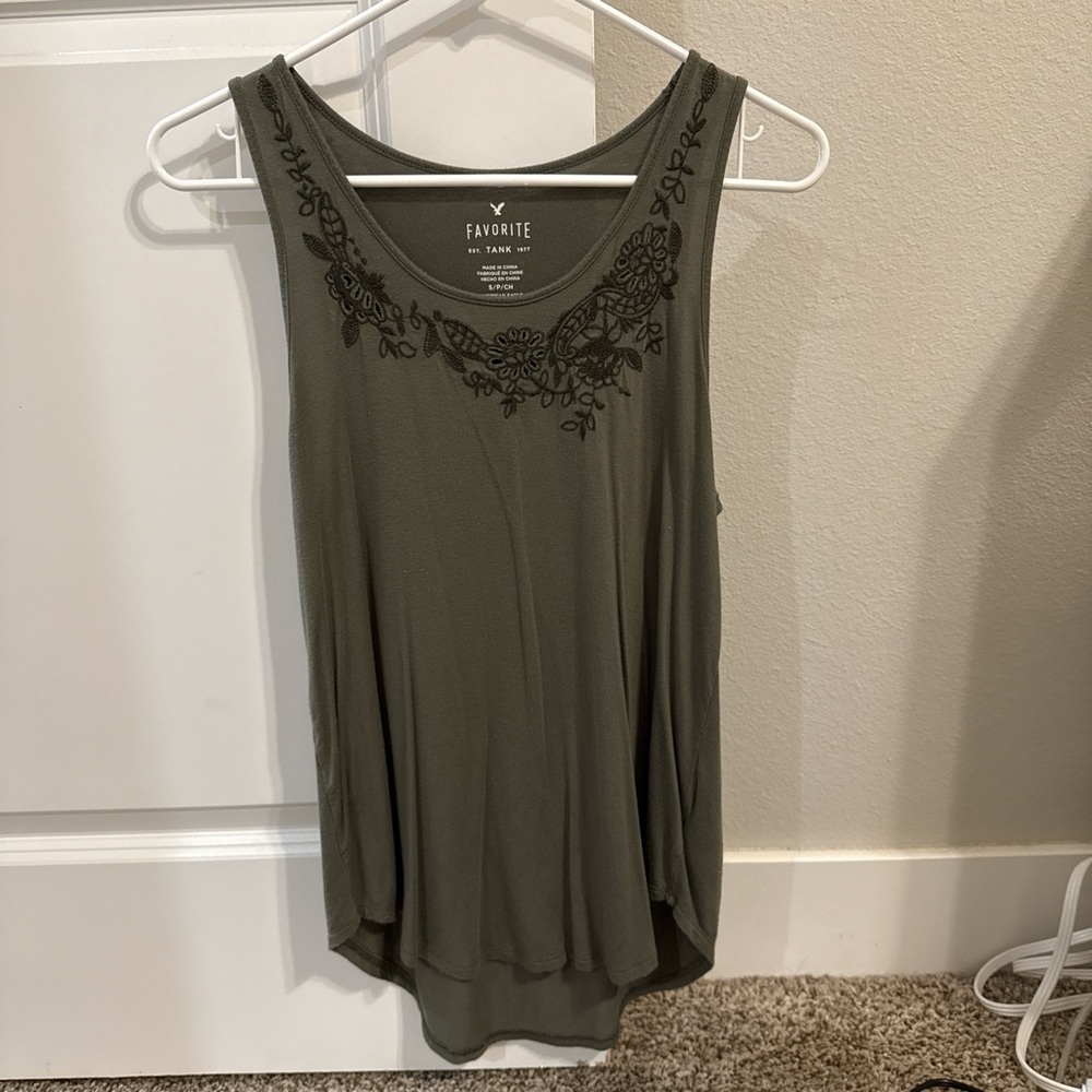 American Eagle Outfitters Olive Tank Top with Embroidery